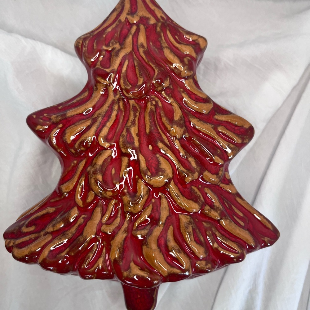 VTG Ceramiche Virginia Italy Red Christmas Tree Lidded Candy Bowl Trinket Dish